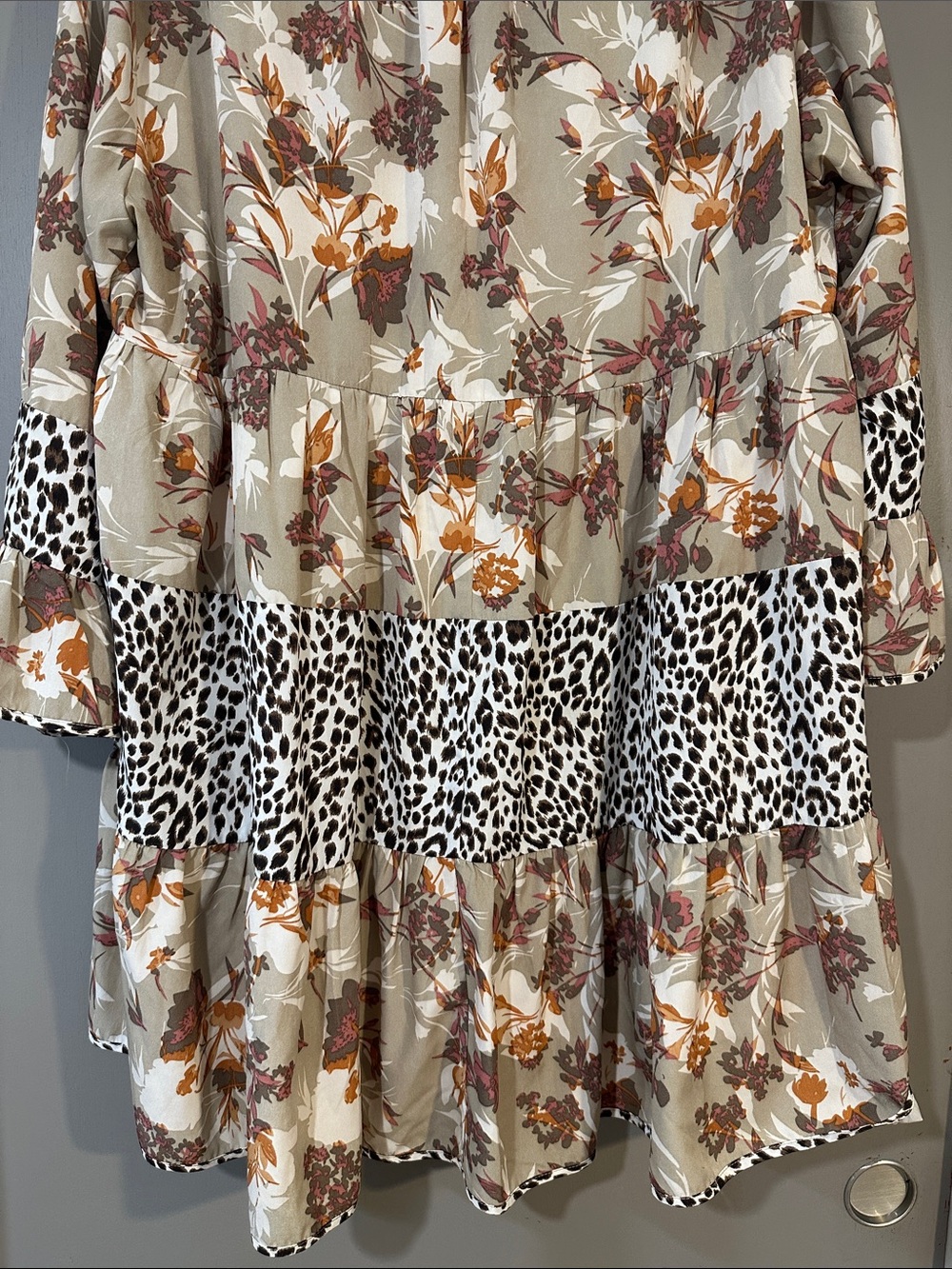 Entro Mixed Print Dress XL Floral & Leopard Ruffle Sleeve Boho Tiered - Picture 12 of 12